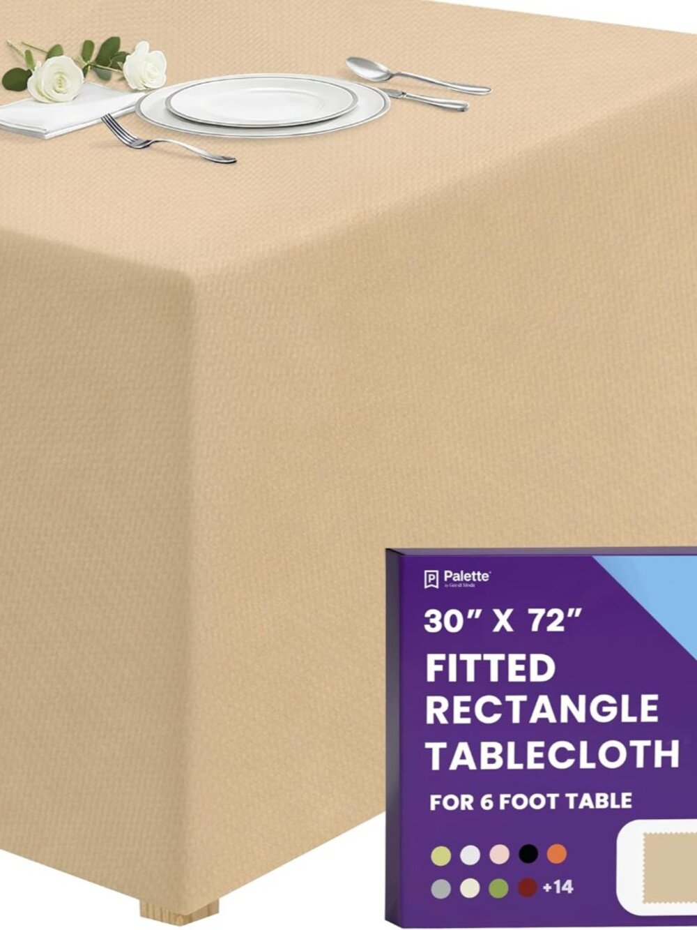 Fitted Tablecloth - 72 x 30 Inch Beige Floor-Length Fitted Table Cloth for 6 Foo